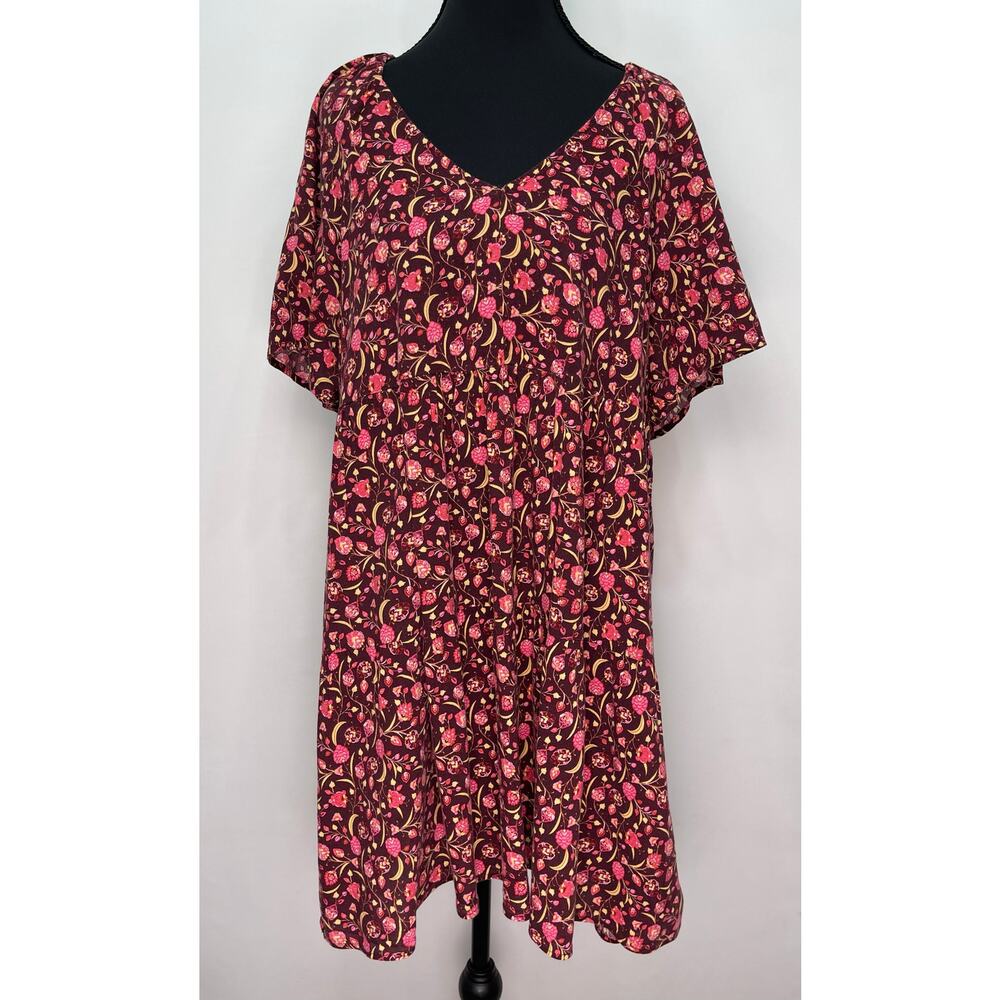 Old Navy Burgundy Floral V Neck Short Sleeve Swing Dress Size Medium - Picture 2 of 10